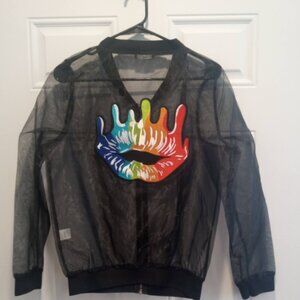 The Free Yoga Sheer Bomber Sheer Jacket with Upside Down Dripping Lips
